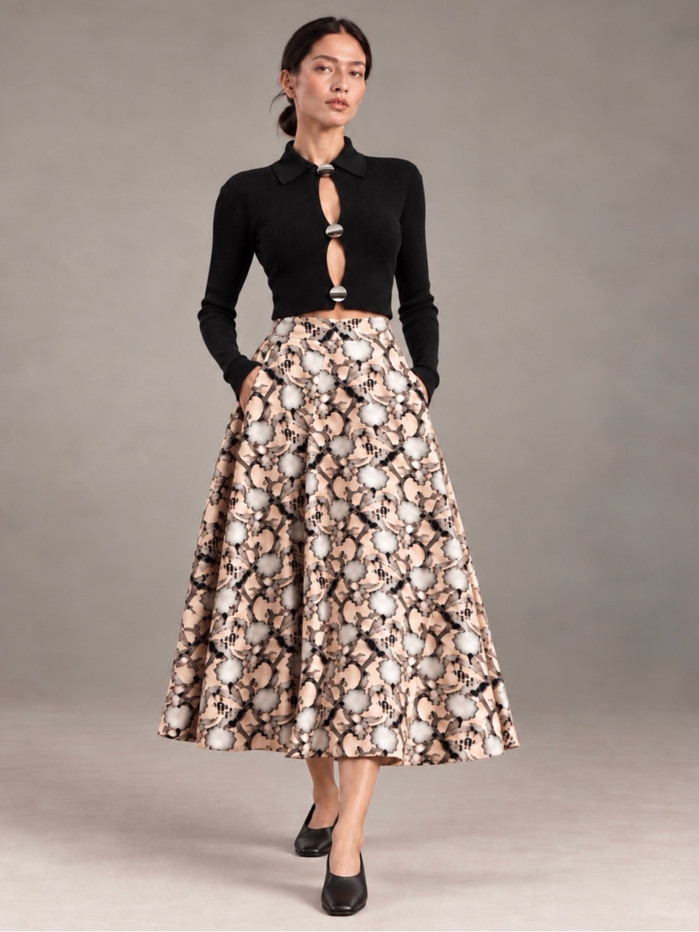 Jil Sander Floral Brocade Embroidered Midi Skirt It 32 US 2 Floral Ivory Black